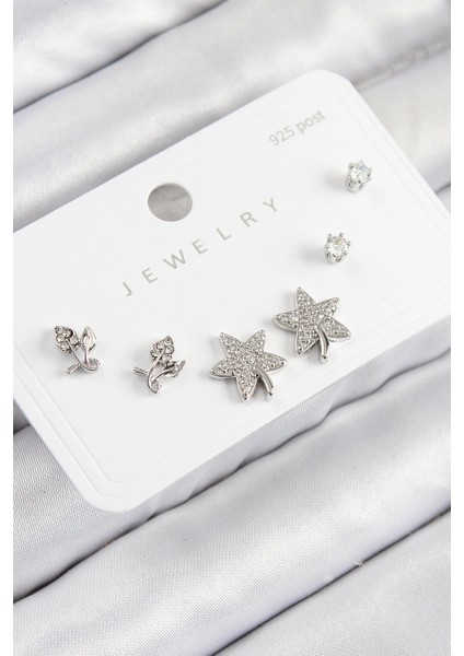 Pirinç Zirkon Taşlı Yıldız ve Gül Model Gümüş Renk 925 Ayar Gümüş Çivi Kadın Küpe Set - TJ-BKP11179