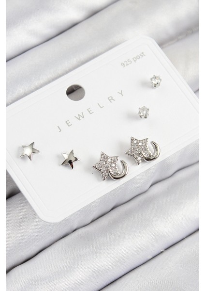 Pirinç Zirkon Taşlı Yıldız Model Gümüş Renk 925 Ayar Gümüş Çivi Kadın Küpe Set - TJ-BKP11177