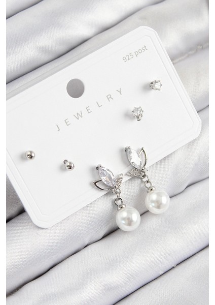 Pirinç Zirkon Taşlı Inci Sallantılı Damla Model Gümüş Renk 925 Ayar Gümüş Çivi Kadın Küpe Set - TJ-BKP11183