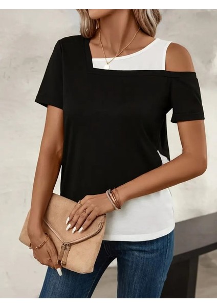 Kadın Kısa Kollu Geometrik Kesin Detaylı Çift Renkli Viskon Bluz