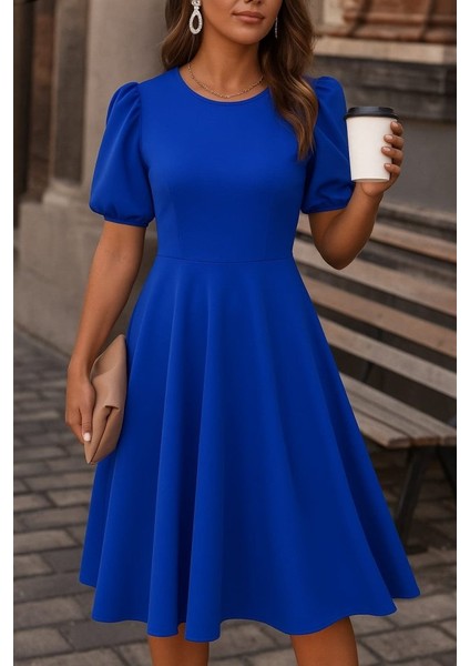 Kadın Kısa Balon Kollu Bisiklet Yaka Geniş Kesim Janjan Krep Elbise