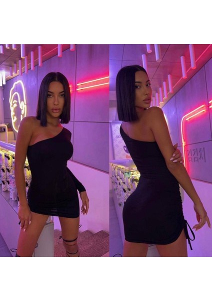 Kadın Omuz Dekolteli Asansör Büzgü Detay Fırsat Ürün Mini Siyah Elbise indirimleri