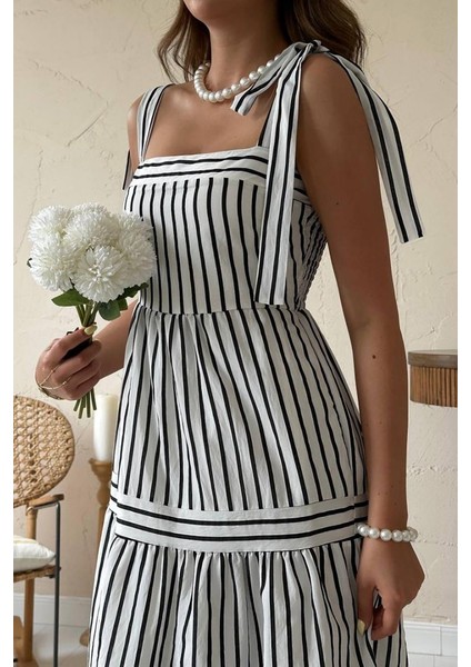 Siyah Omuzdan Bağlamalı Çizgili Elbise modelleri