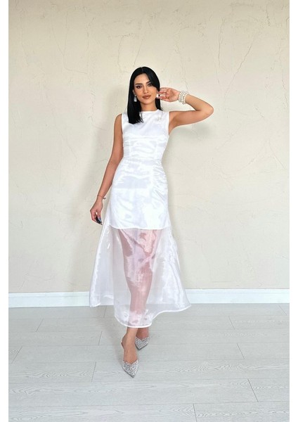 Beyaz Organze Detaylı Atlas Elbise fiyatları