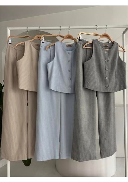 Yelek Plazzo Pantolon Çizgili Flamlı Poliviscon Takım 10178