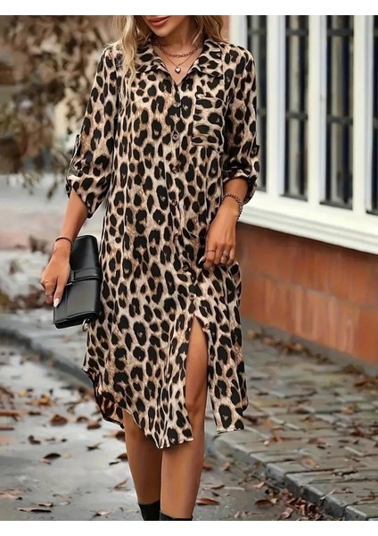 Kadın Uzun Kollu Yakalı Önden Düğmeli Leopar Desenli Modal Midi Elbise