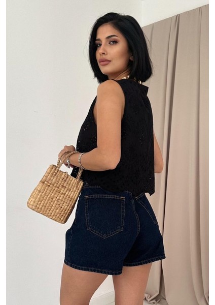 Siyah Sıfır Kol Brode Bluz fırsatları