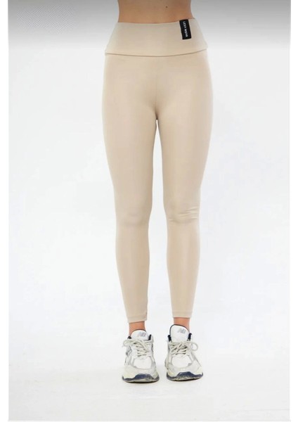 Kışlık Yüksek Bel Toparlayicı ve Sıkılaştırıcı Likralı Şardonlu Tayt - Bej indirimleri