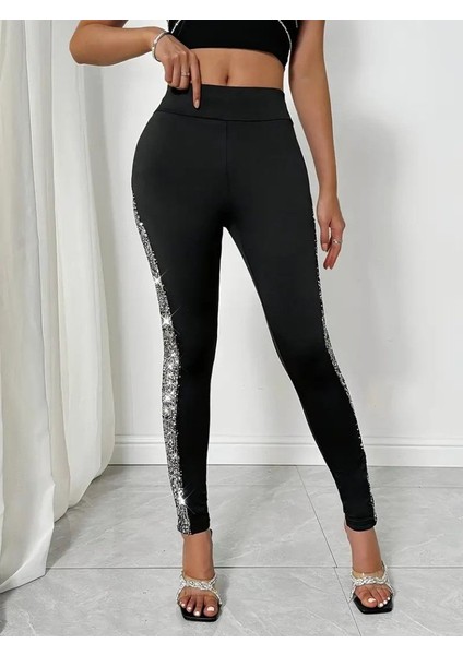 Kadın Yüksek Bel Yarı Şerit Pul Payetli Dalgıç Tayt modelleri