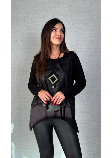 Kadın Siyah Deri Yelekli Kolye Dahil Üçlü Takım fiyatları