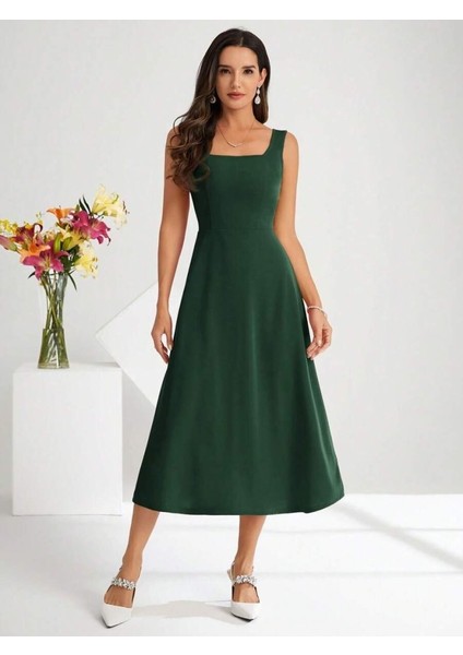 Kadın Askılı Kare Yakalı Midi Ithal Krep Elbise fiyatları