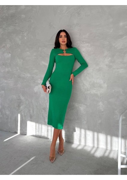 Kadın Uzun Kollu Halka ve Pencere Dekolte Detay Fırsat Ürün Midi Boy Elbise