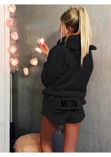 Kadın Uzun Kollu Meow Kedi Nakışlı Kapşonlu Peluş Sweat ve Short Ikili Takım