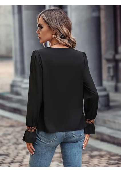 Kadın Uzun Kollu V Yakalı Leopar Detaylı Krep Bluz fiyatları