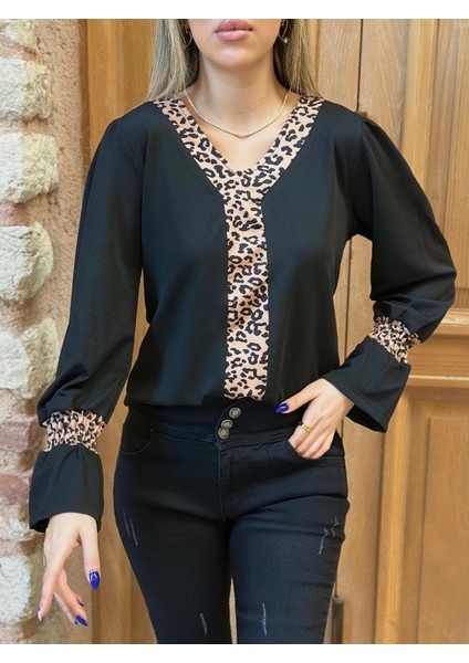 Kadın Uzun Kollu V Yakalı Leopar Detaylı Krep Bluz
