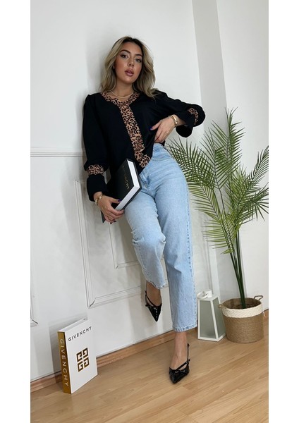 Kadın Uzun Kollu V Yakalı Leopar Detaylı Krep Bluz