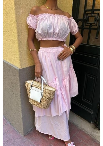 Büzgülü Crop Kat Detaylı Fırfır Etekli Takım 10196