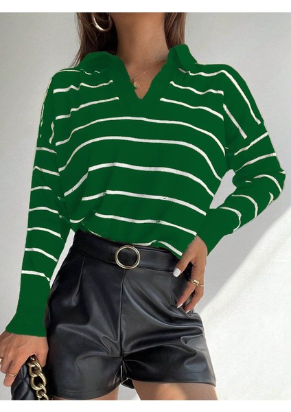 Kadın Uzun Kollu V Yaka Çizgili Triko Bluz