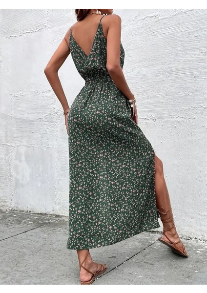 Kadın Ip Askılı Kruvaze Yakalı Yırtmaçlı Uzun Desenli Kuşaklı Süprem Elbise