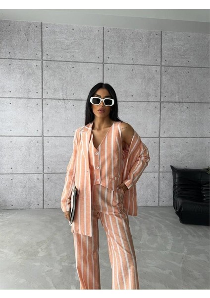 Çizgili Ceket Keten - Orange