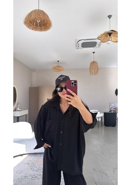 Kadın Flamlı Keten Tek Cep Oversızed Gömlek modelleri