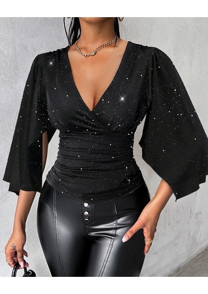 Kadın Truvakar Kollu Kruvaze Yakalı Simli Sandy Bluz fiyatları