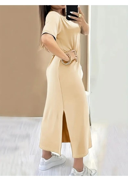 Kadın Kısa Kollu Bisiklet Yaka Yandan Yırtmaçlı Viskon Elbise modelleri