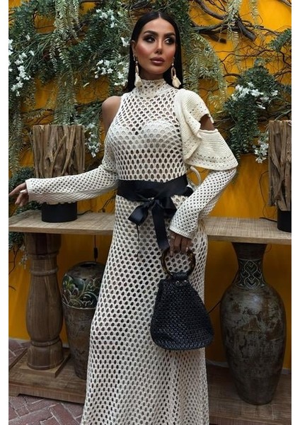 Saten Kuşaklı Ajurlu Triko Elbise 2847