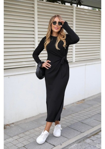 Kadın Uzun Kollu Bisiklet Yaka Belden Çapraz Bağlamalı Yandan Yırtmaçlı Uzun Viskon Iki Iplik Elbise indirimleri