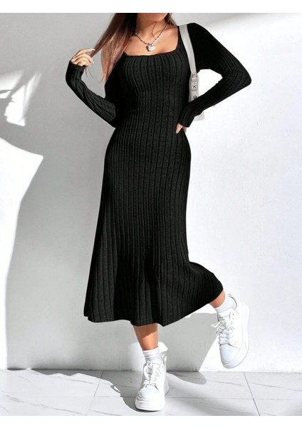 Kadın Uzun Kollu Kare Yaka Midi Kaşkorse Elbise