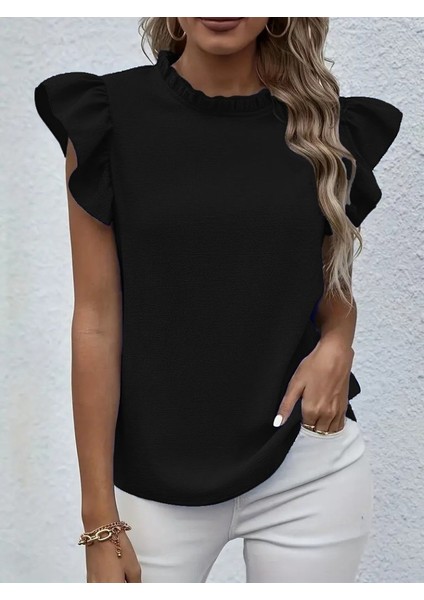 Kadın Kısa Kollu Fırfır Yakalı Bürümcük Bluz