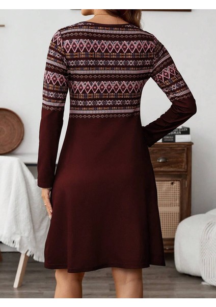 Kadın Uzun Kollu Bisiklet Yaka Etnik Desenli Kısa Şardonlu Dalgıç Elbise