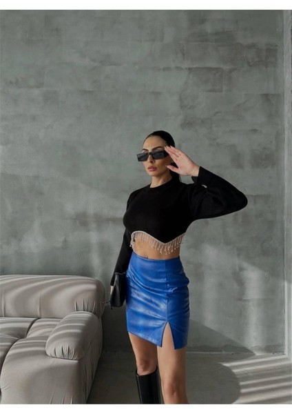 Kapitone Deri Etek Yırtmaçlı - Saks fırsatları