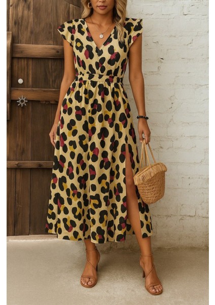 Kadın Kısa Kollu V Yakalı Desenli Yandan Yırtmaçlı Süprem Elbise fiyatları