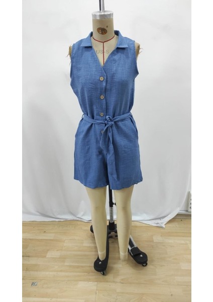 Kadın Sıfır Kollu Yakalı Düğmeli Belden Kuşaklı Kısa Keten Tulum