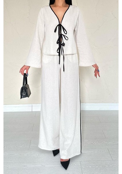 Bej Fiyonklu Keten Takım modelleri