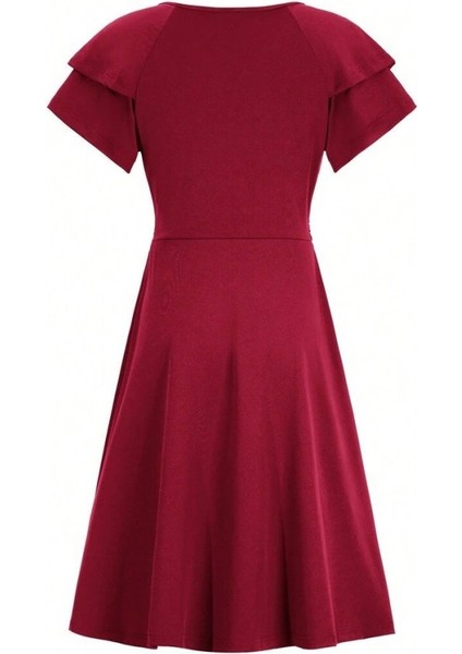 Kadın Kısa Fırfır Kollu Kruvaze Yakalı Kiloş Janjan Krep Elbise
