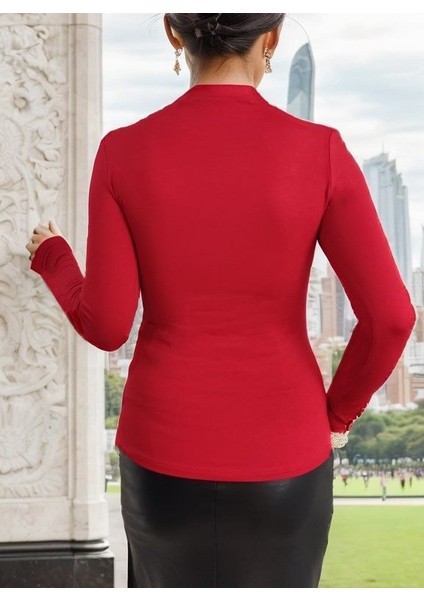 Kadın Uzun Kollu Omuz Dekolte ve Aksesuar Detay Viskon Bluz