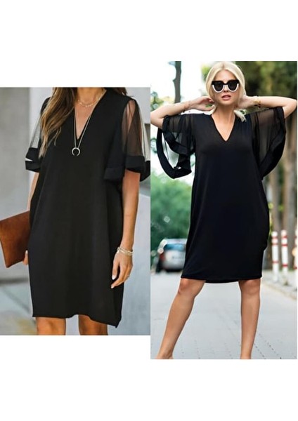 Kadın Tüllü Kısa Kollu V Yaka Krep Elbise fiyatları