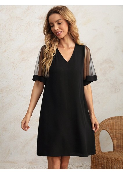 Kadın Tüllü Kısa Kollu V Yaka Krep Elbise indirimleri