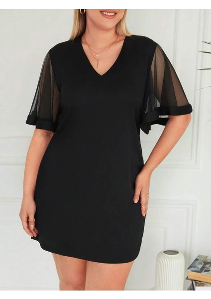 Kadın Tüllü Kısa Kollu V Yaka Krep Elbise