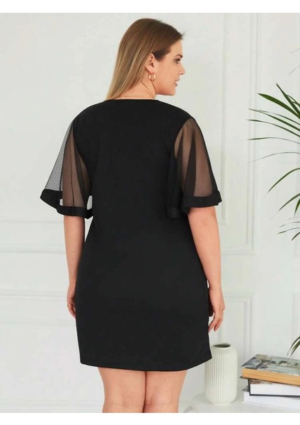 Kadın Tüllü Kısa Kollu V Yaka Krep Elbise