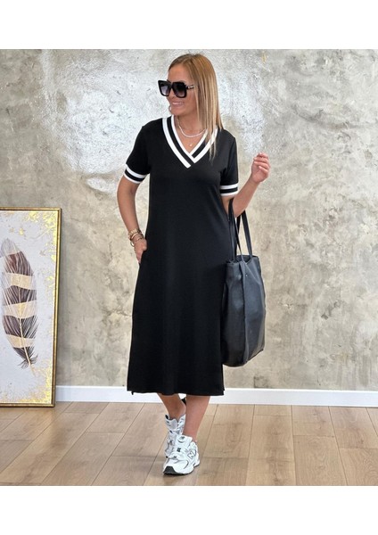 Kadın Kısa Kollu V Yaka Kol ve Yaka Ribana Detay Midi Boy Viskon Elbise indirimleri