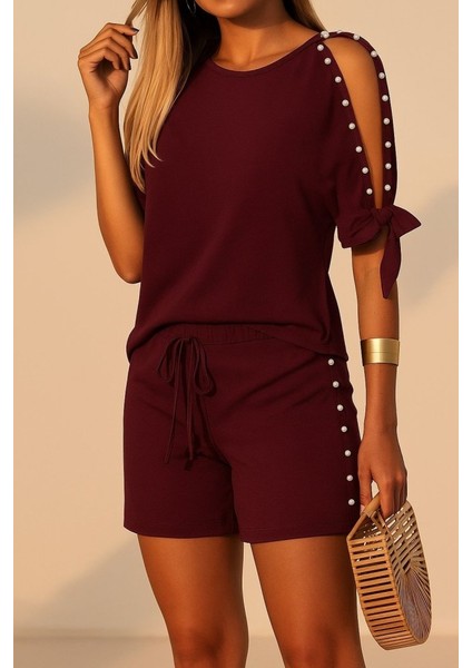 Kadın Kısa Kollu Bisiklet Yaka Yarı Açık Omuz Inci Detaylı Short T-Shirt Viskon Ikili Takım modelleri