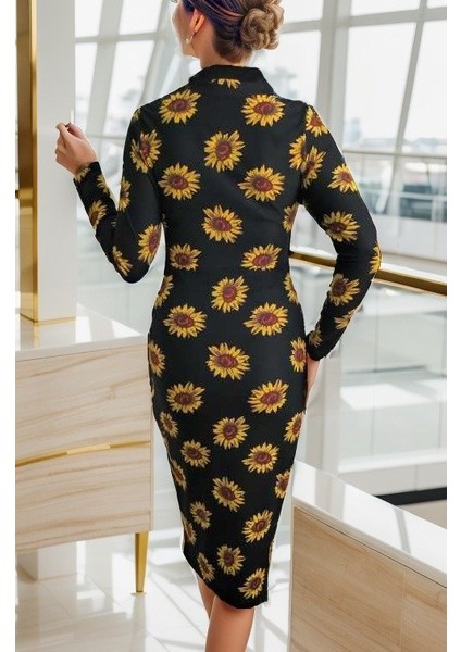 Kadın Uzun Kollu V Yaka Puantiyeli Krep Midi Boy Elbise