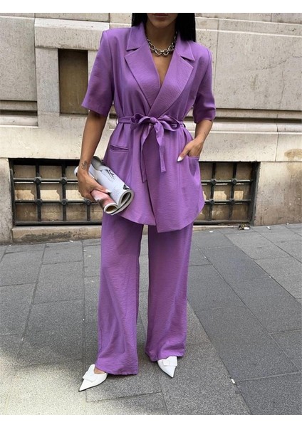 Kısa Kol Bağlama Detaylı Ceket-Pantolon Takım - Mor