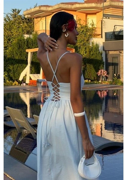 Sırtı Çapraz Ipli Boncuk Detaylı Elbise 2902-08