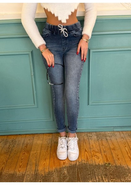 Kadın Belden Bağlamalı Cepli Yüksek Bel Kot Pantolon indirimleri