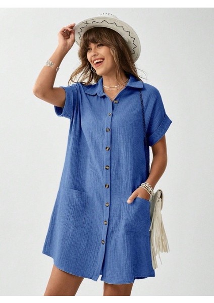 Kadın Cep Detay Müslin Kumaş Mini Gömlek Elbise