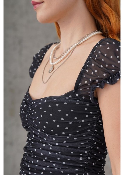 Puantiyeli Belden Oturtmalı Tül Siyah Bluz modelleri